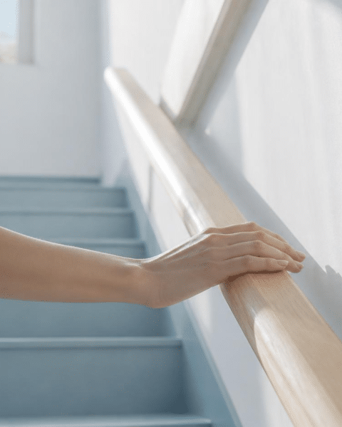 Mano de una mujer apoyada en la baranda de madera de una escalera luminosa, como símbolo del apoyo que da la medicación en el proceso terapéutico.