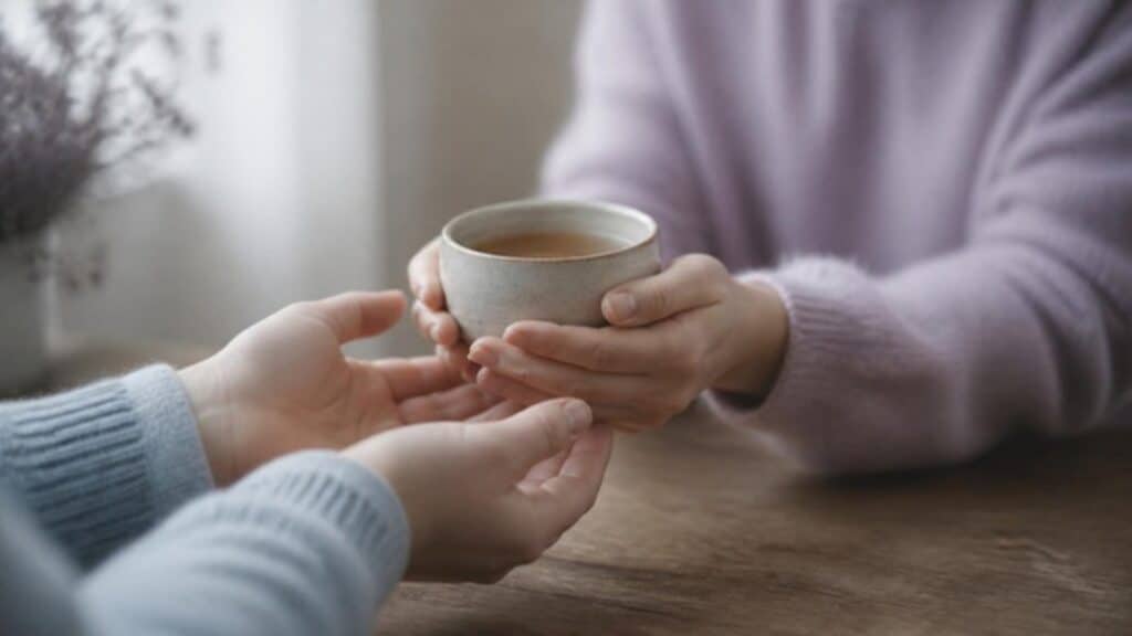 Manos que ofrecen una taza de té a otras manos sobre una mesa de madera