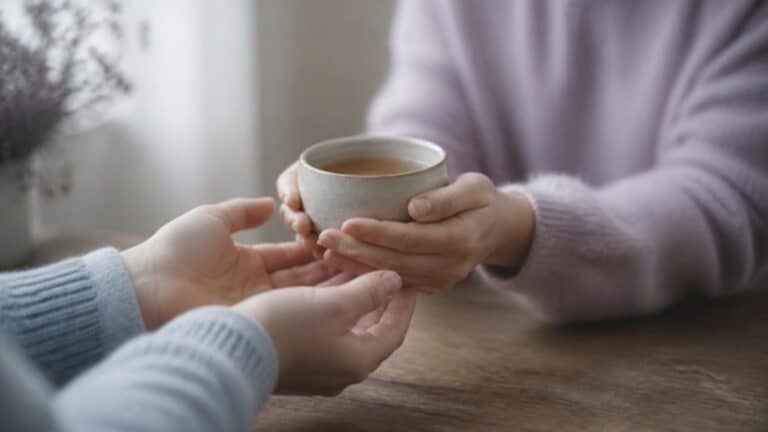 Manos que ofrecen una taza de té a otras manos sobre una mesa de madera