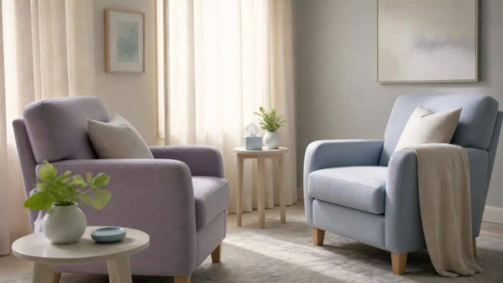 Dos sillones frente a frente en una sala de terapia luminosa y acogedora