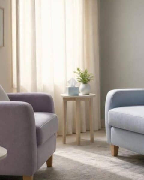 Dos sillones frente a frente en una sala de terapia luminosa y acogedora