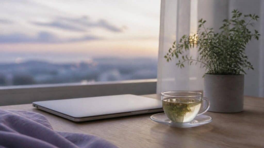 Computador cerrado sobre una mesa junto a una ventana, con una taza de té y una planta, como imagen del descanso