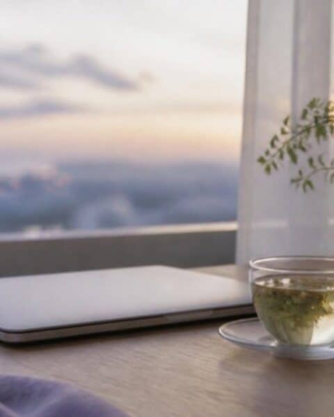 Computador cerrado sobre una mesa junto a una ventana, con una taza de té y una planta, como imagen del descanso
