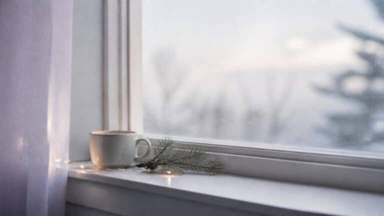 Taza y una rama de pino en el borde de una ventana en un día nublado de diciembre