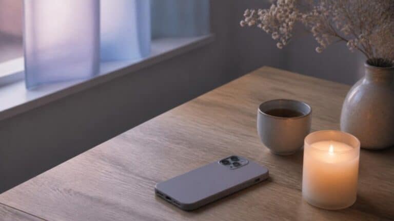 Celular boca abajo sobre una mesa junto a una vela encendida y una taza, como imagen de desconectarse de las noticias