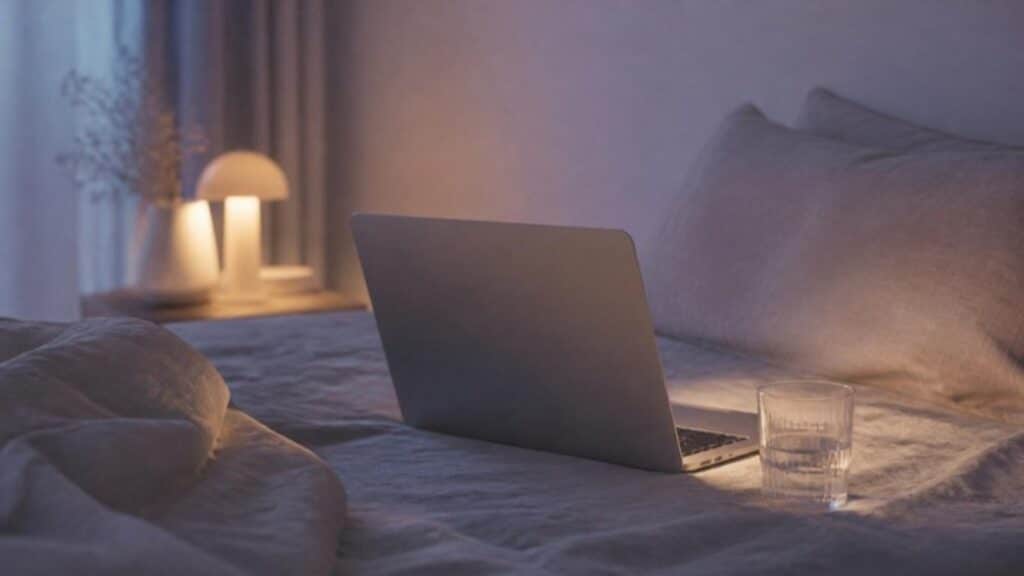 Computador abierto sobre una cama de noche, con una lámpara tenue y un vaso de agua