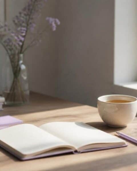 Escritorio junto a una ventana con un cuaderno abierto, notas adhesivas y una taza de té