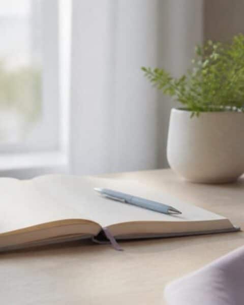 Cuaderno abierto con un lápiz, unos lentes y una planta sobre un escritorio luminoso