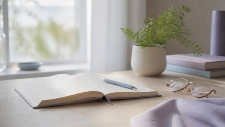 Cuaderno abierto con un lápiz, unos lentes y una planta sobre un escritorio luminoso